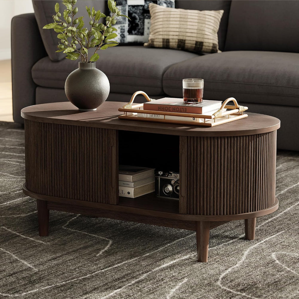 LINSY HOME Oval Coffee Table, Wood Coffee Table with Storage, Fluted Accent C...