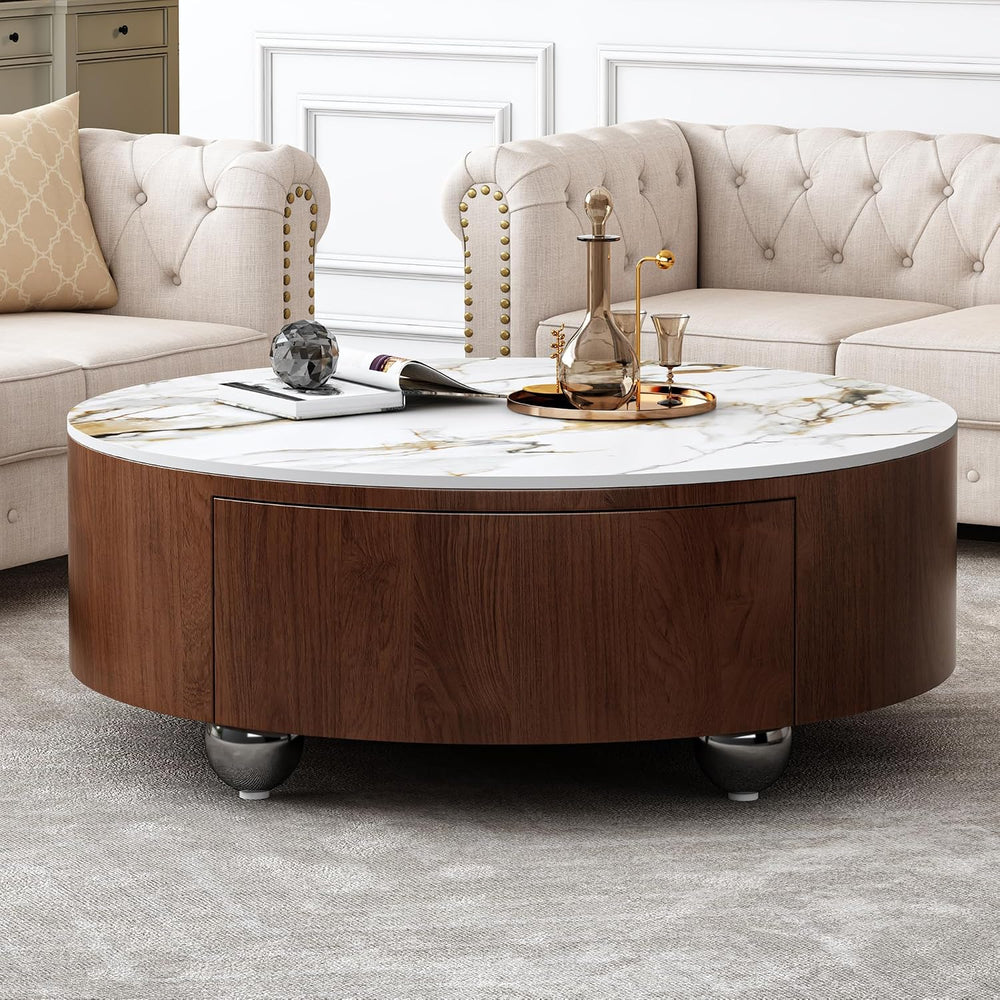 35” Round Coffee Table with Hidden Storage Drawers, Mid Century Modern Center...