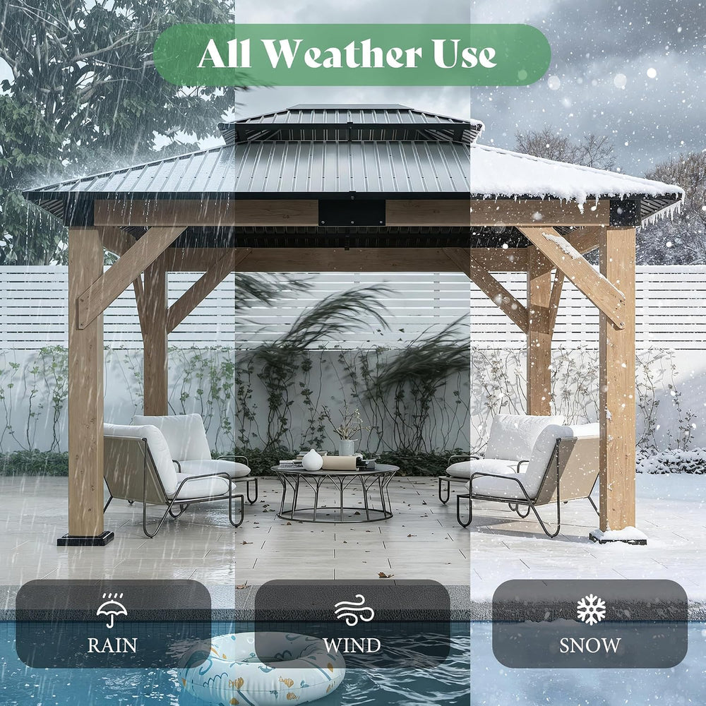 AMERLIFE 10x12 Wood Gazebo, Hardtop Gazebo with Spruce Frame and Double Metal...