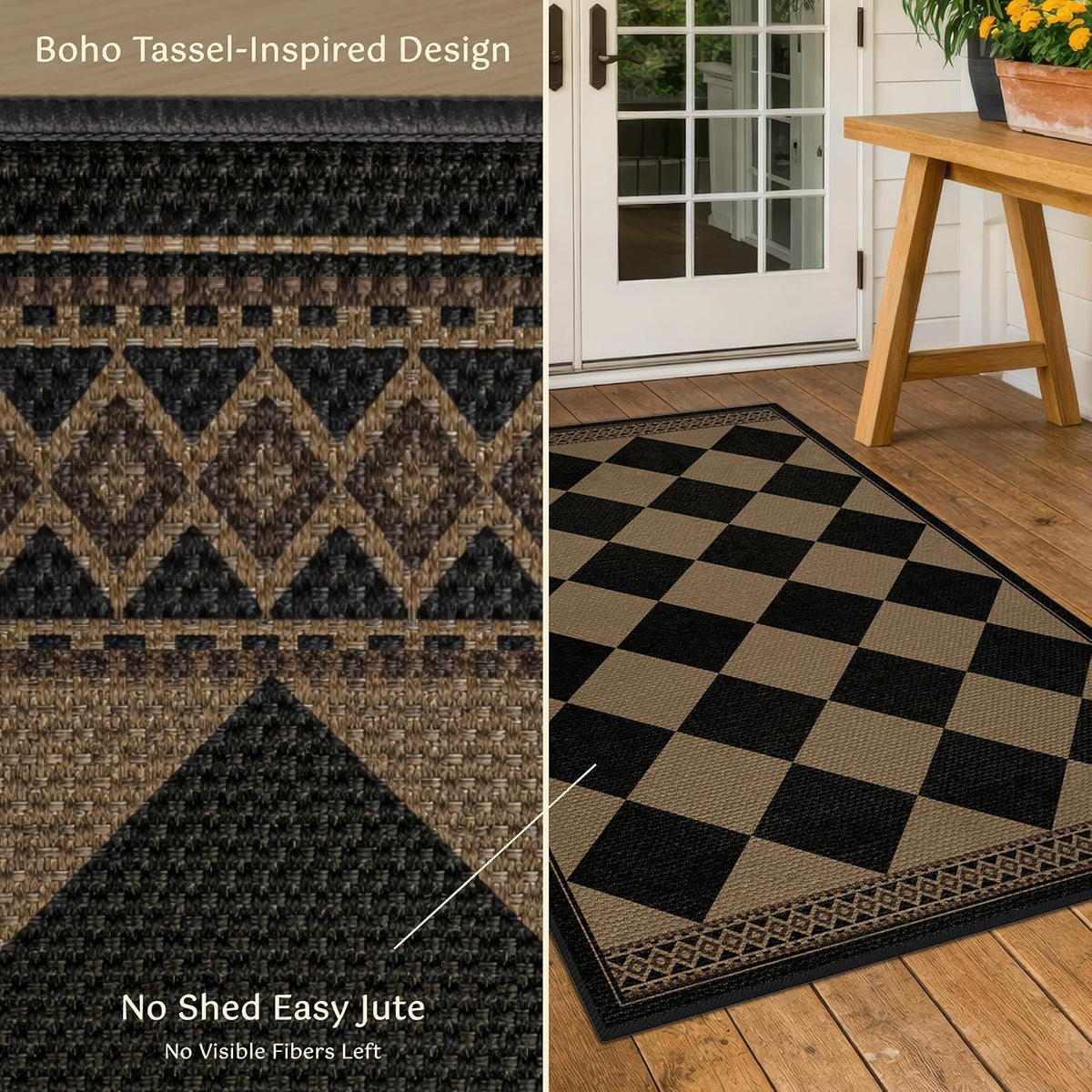 easy jute indoor outdoor rug 3x5, brown black showing dimensions