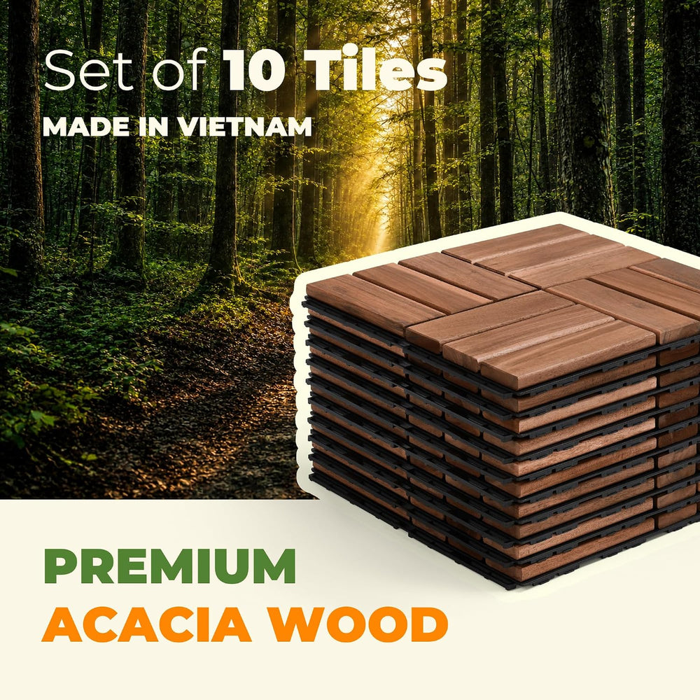 Jurax Interlocking Wood Deck Tiles, 10Pcs Patio Flooring, Walnut