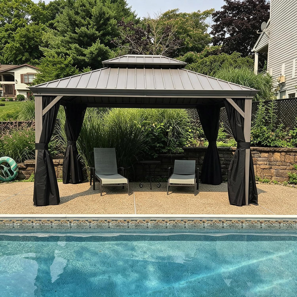 PURPLE LEAF Hardtop Gazebo 11' x 13' Patio Gazebo, Black Curtain &amp...