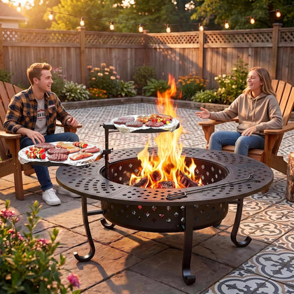 43" Fire Pit, Firepit with Adjustable 2 Grills & Lid & Fire Poker for Patio