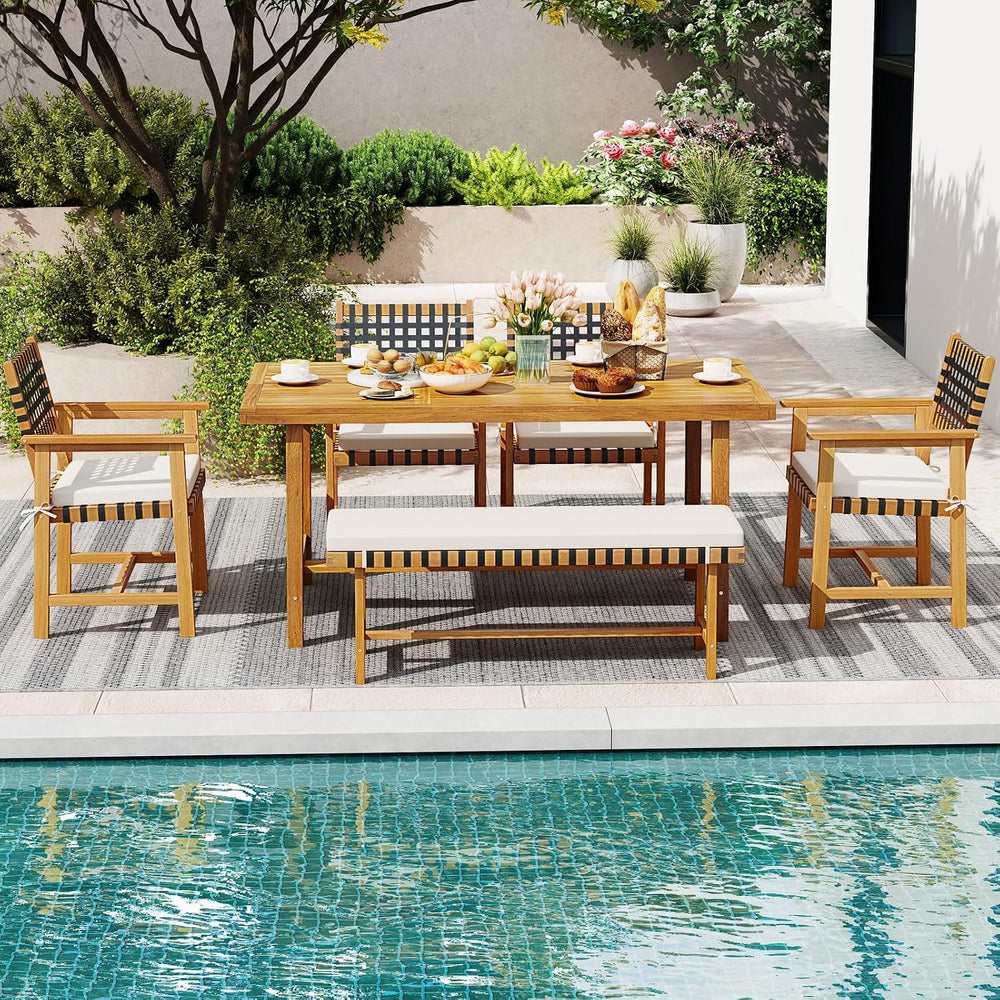Tangkula 6 Piece Patio Dining Set for 5-6 People, 63” Outdoor Acacia Wood Tab...