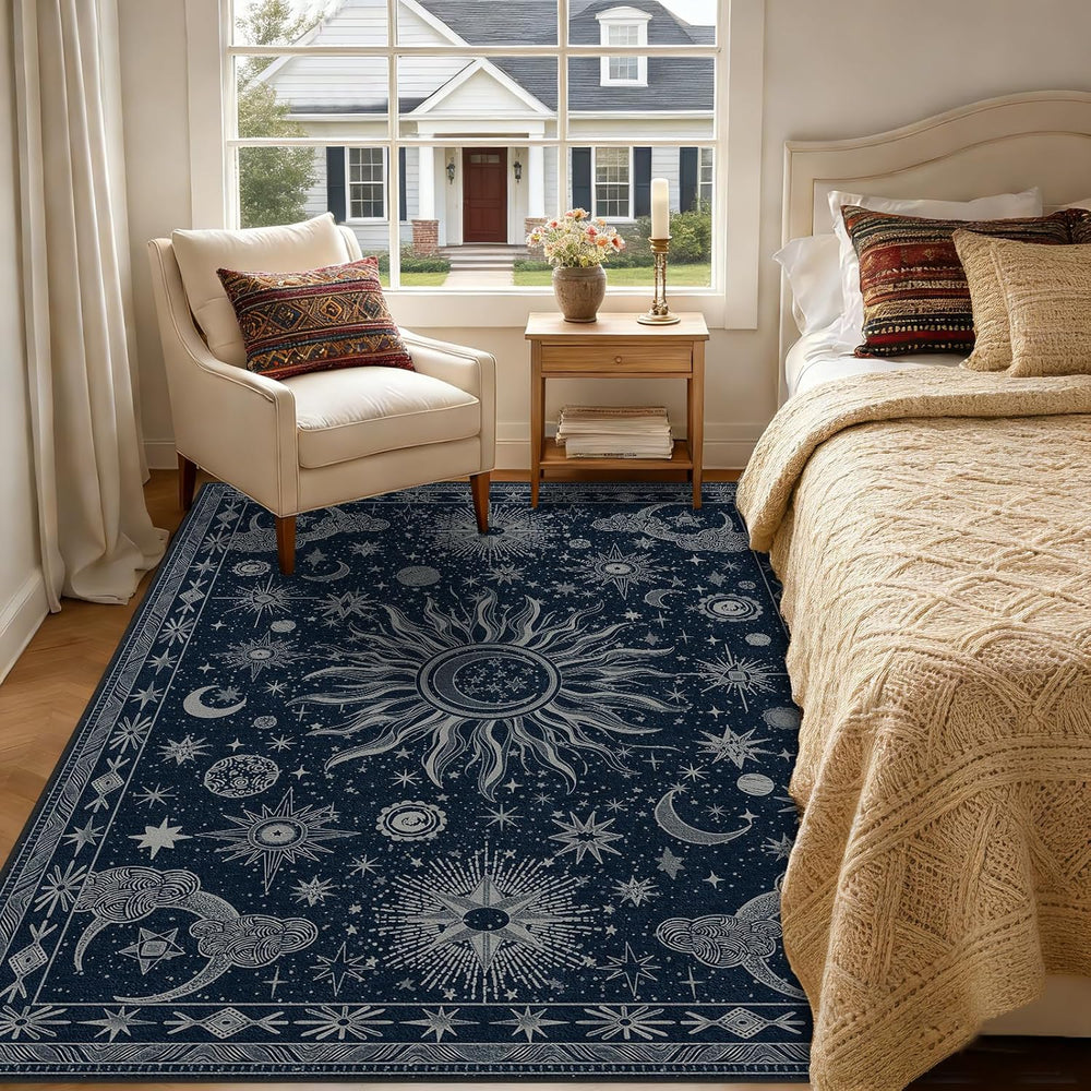 Vacuum-Friendly, 5x7 Washable Area Rug, Blue Gray White