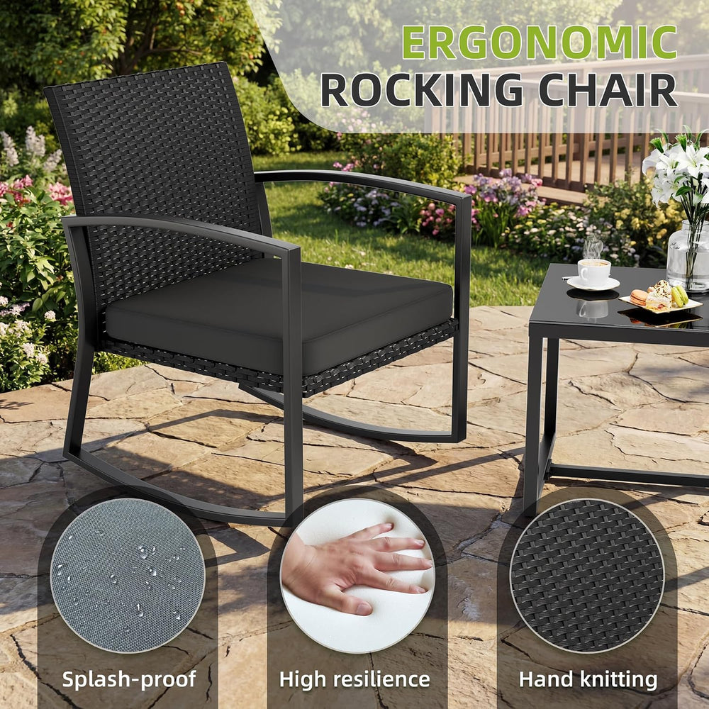 3 Pieces Outdoor Patio Set -Wicker Rattan Chair Conversation Set with Glass T...