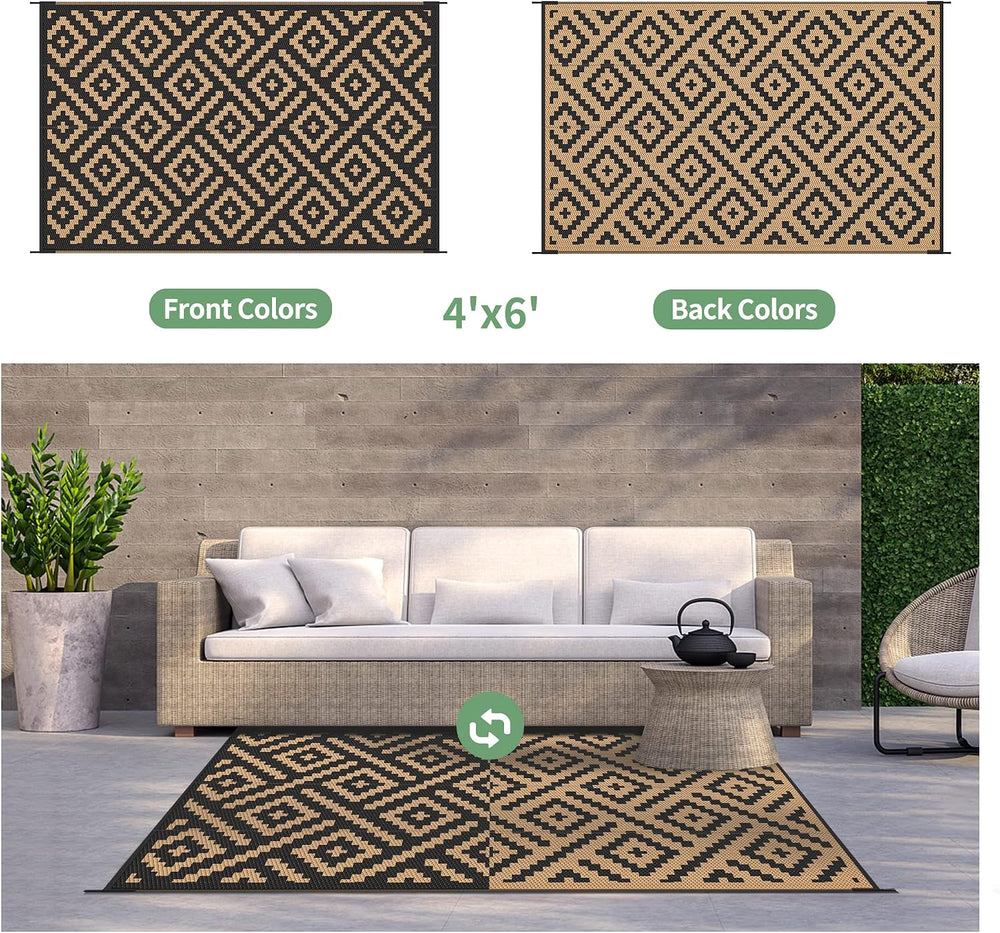 GENIMO Outdoor Rug, Waterproof Plastic Rugs for Patio, 4'x6' Black Brown