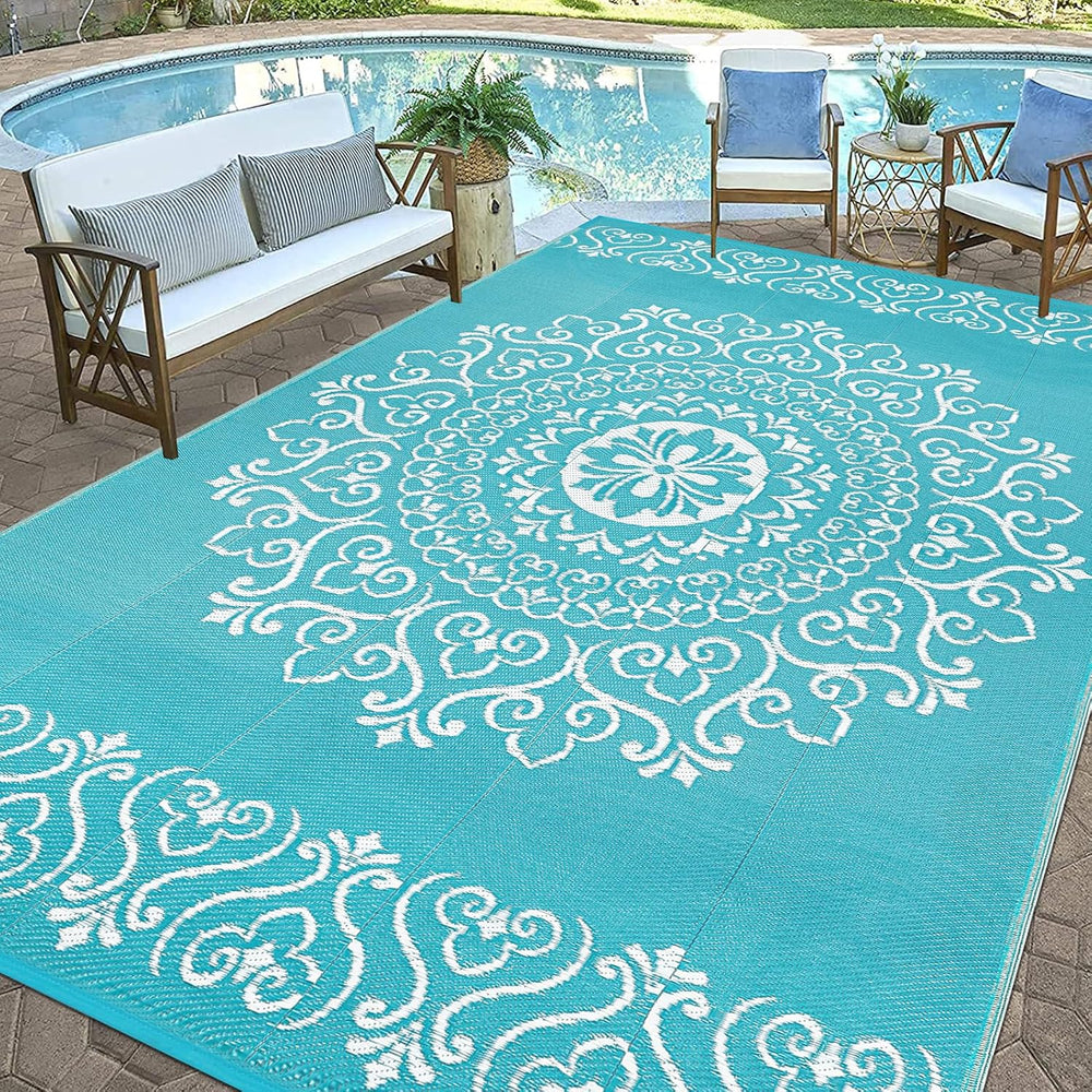 Pauwer Outdoor Rug 9x12, Waterproof Plastic Straw Camping Rug, Floral Teal