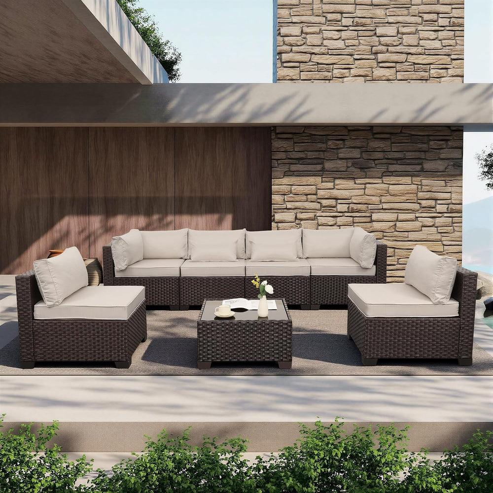 WAROOM Outdoor Patio Furniture Set 7 Pieces Wicker Sectional Sofa Brown Ratta...