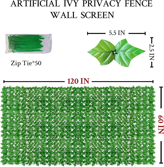 Artificial Ivy Fence Privacy Screen,60 x 120 Inch UV-Anti Artificial Fake Ivy...