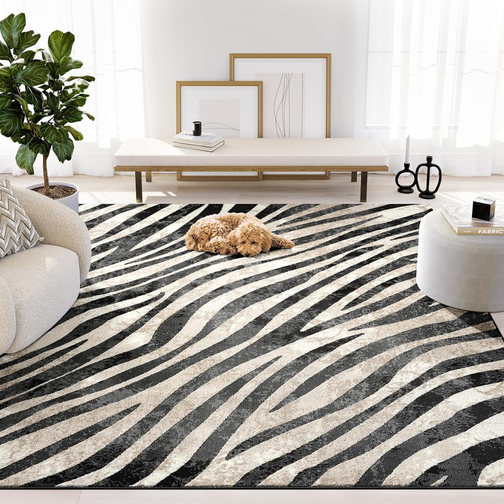 Abani Terra Area Rug for Living Room, Bedroom - Zebra Pattern - Black Cream -...