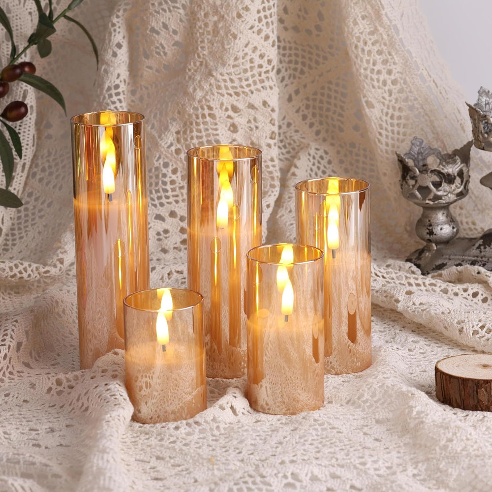 Eywamage Amber Gold Glass Flameless Pillar Candles with Remote Set of 5