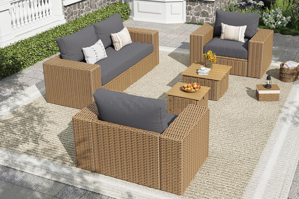AMERLIFE 6-Piece Patio Sofa Set with Convertible Coffee Table - 8.3" Wid...