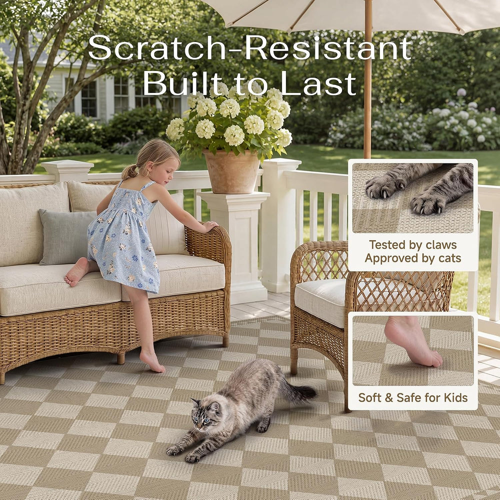 HUGEAR 5x8 Beige Brown Checkered Linen Look Indoor Outdoor Rug for Patio