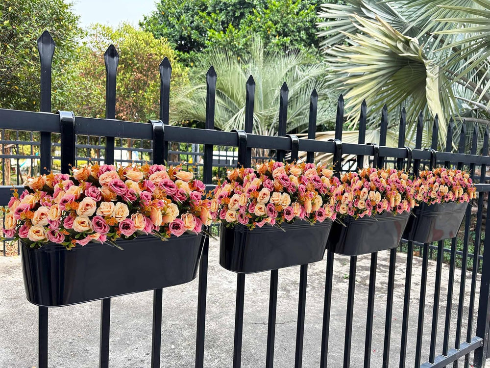 17" Hanging Metal Railing Planter with Detachable Hook, Oval Black, 4 Pack