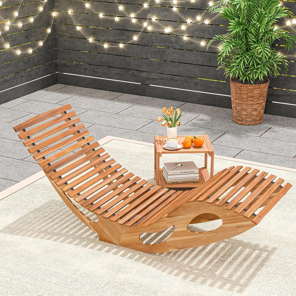HAPPYGRILL Outdoor Acacia Wood Chaise Lounge, Rocking Chair with High Back, S...
