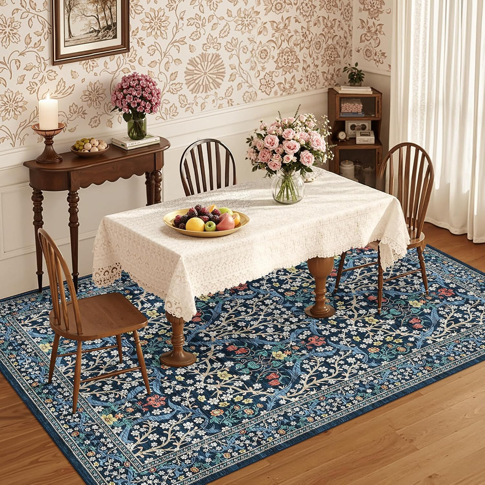 GarveeHome Blue Floral 5x7 Washable Area Rug for Living Room Bedroom