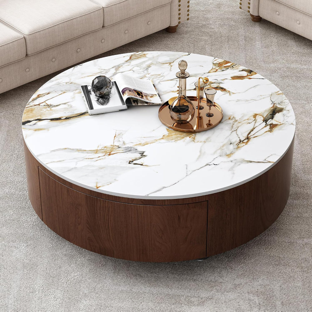 35” Round Coffee Table with Hidden Storage Drawers, Mid Century Modern Center...