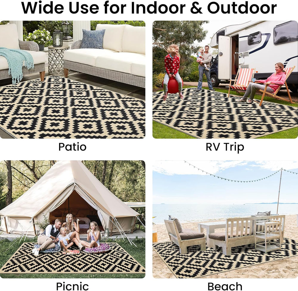 Smiry Outdoor Rug 5x8 ft Waterproof Reversible Boho Mat, Black & Beige
