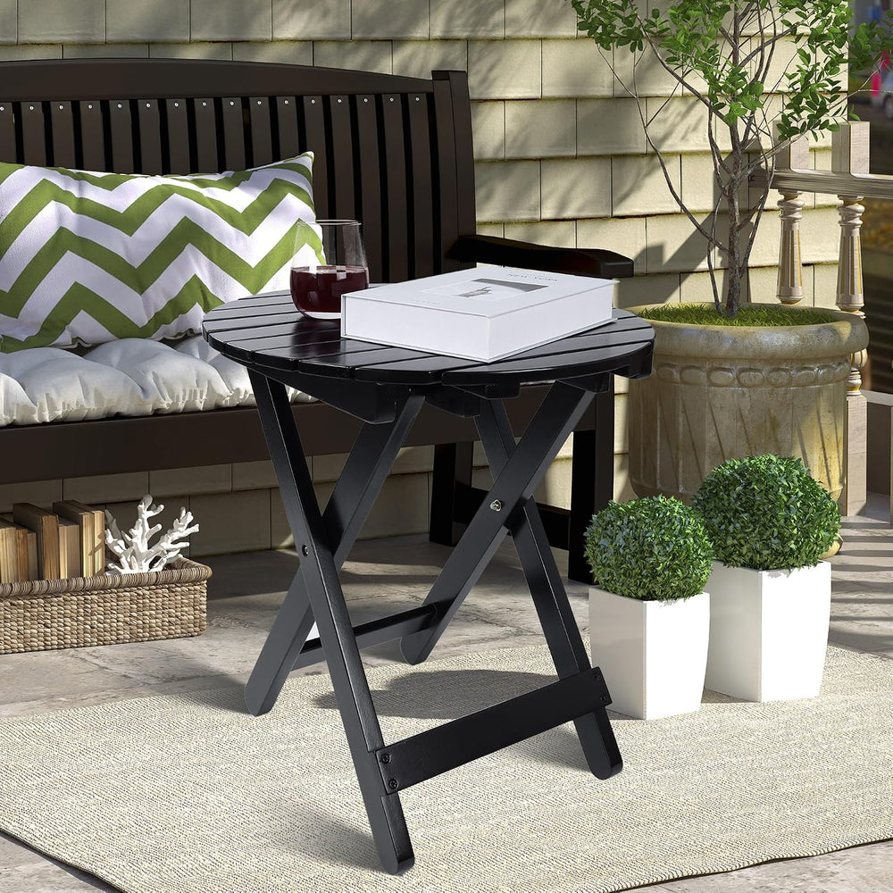 Outdoor Wooden Side Table, Folding Patio End Table, Small Round Furniture Tab...