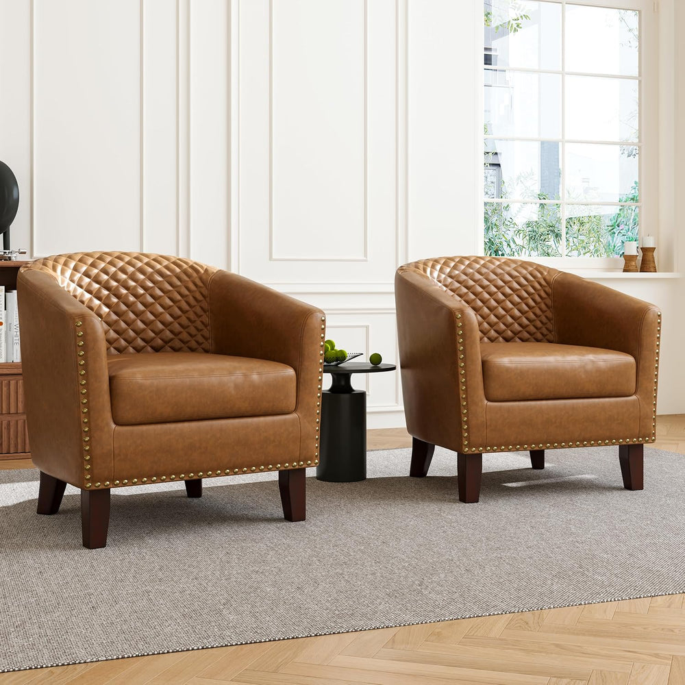 Faux Leather Barrel Accent Chair with Nailhead, Light Browm, Set of 2