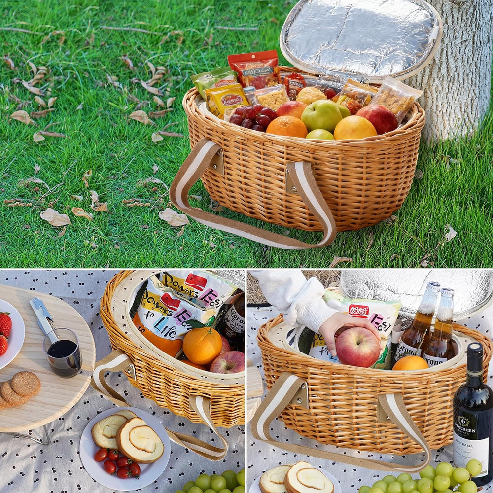 Wicker Picnic Baskets Set for 4 with Wine Table for Family, Beige
