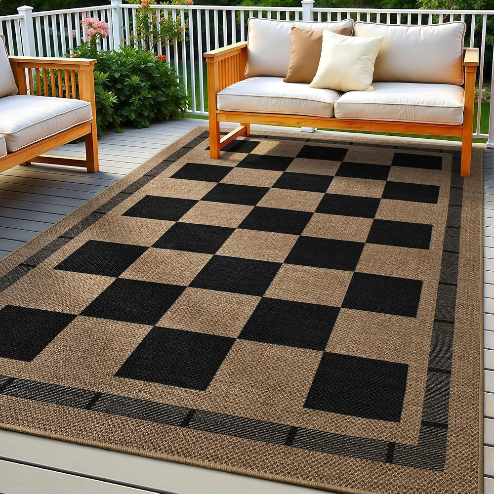 5x7 Checkered Jute Outdoor Rugs, Washable Rug for Living Room Bedroom Patio