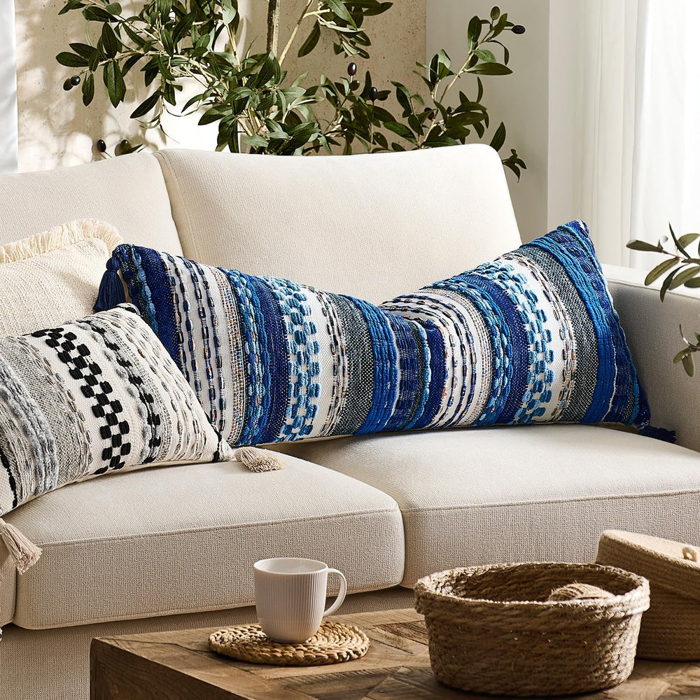 Kevin Textile Boho Tufted 14x36 Inch Lumbar Pillow Cover 1 Pack, Blue