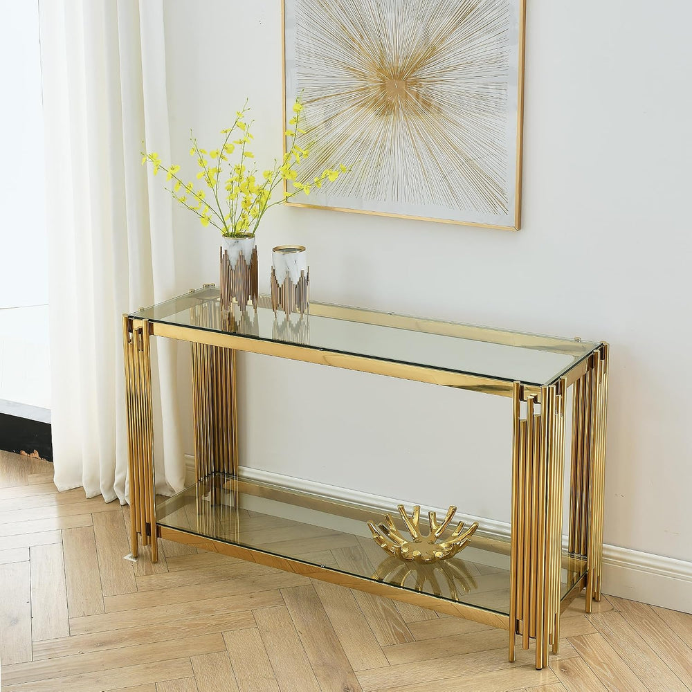 Modern Glass Console Table, 55" Gold Sofa Table with Sturdy Metal Frame ...