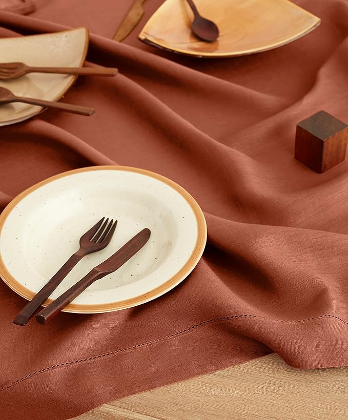 Solino Home Linen Cinnamon Tablecloth 52 x 52 Inch - 100% Pure Linen Square T...