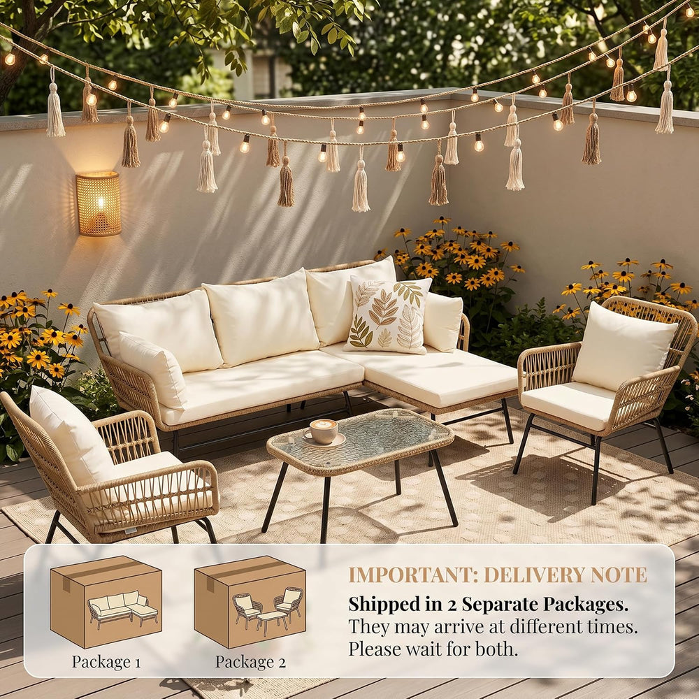 RADIATA 5 Pcs Boho Outdoor Furniture, High Back Wicker Conversation Set