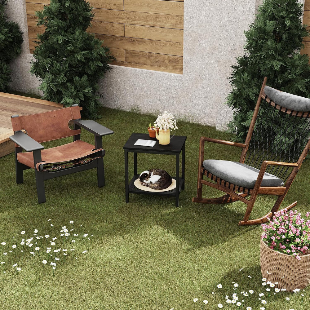 Outdoor Side Table with Storage 2-Tier Patio End Tables Black