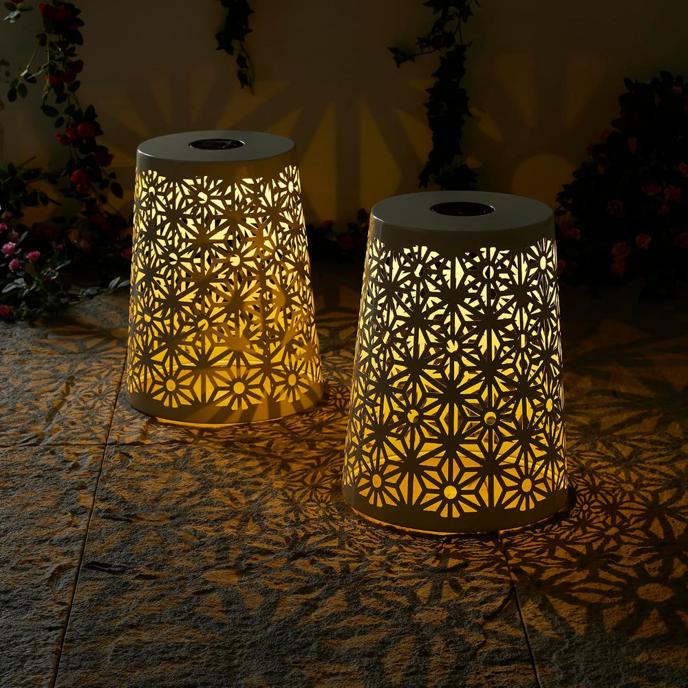 Glitzhome Ourdoor Side Table Set of 2,Solar Iron Cutout Geometric Pattern Dec...