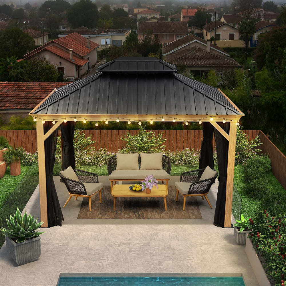 PURPLE LEAF Gazebo 10' x 12' with Light Drainage System, Wood Grain