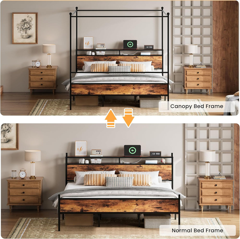 LIKIMIO Canopy Bed Frame King with Storage Headboard & Charging Station, ...