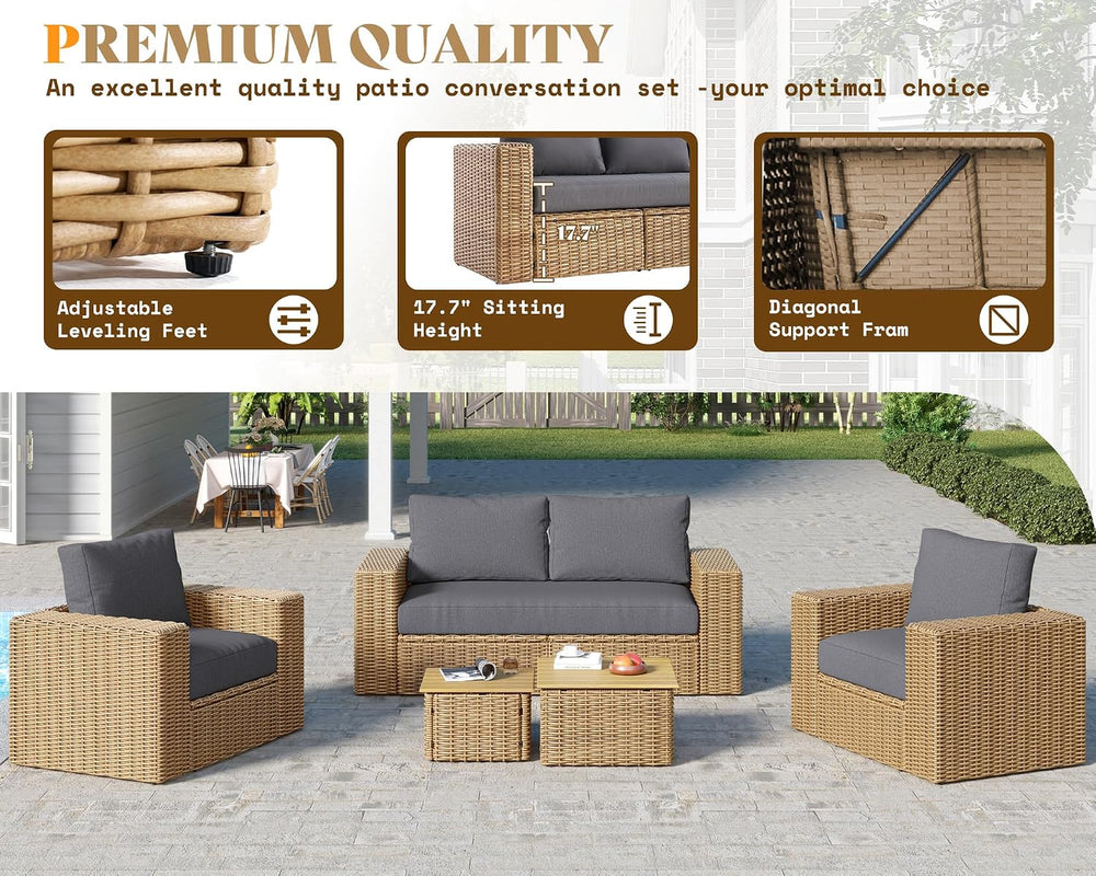 AMERLIFE 6-Piece Patio Sofa Set with Convertible Coffee Table - 8.3" Wid...