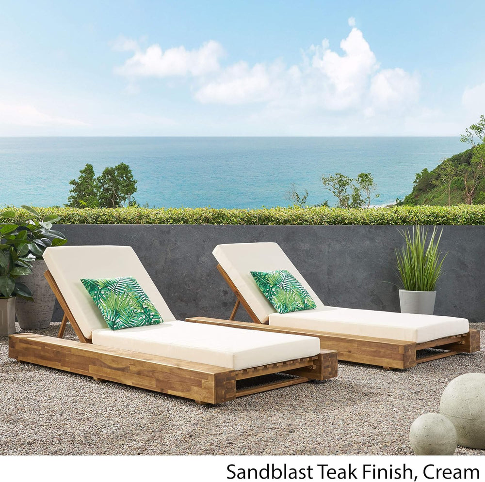 GDFStudio Outdoor Acacia Wood Chaise Lounge and Cushion Sets (Set of 2), and ...