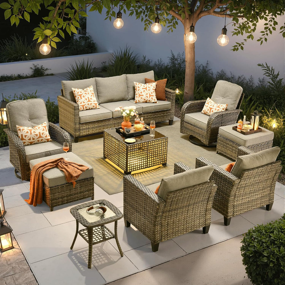 ovios 9 Pieces Patio Furniture Set, Outdoor Wicker Sofa Couch with Swivel Gli...