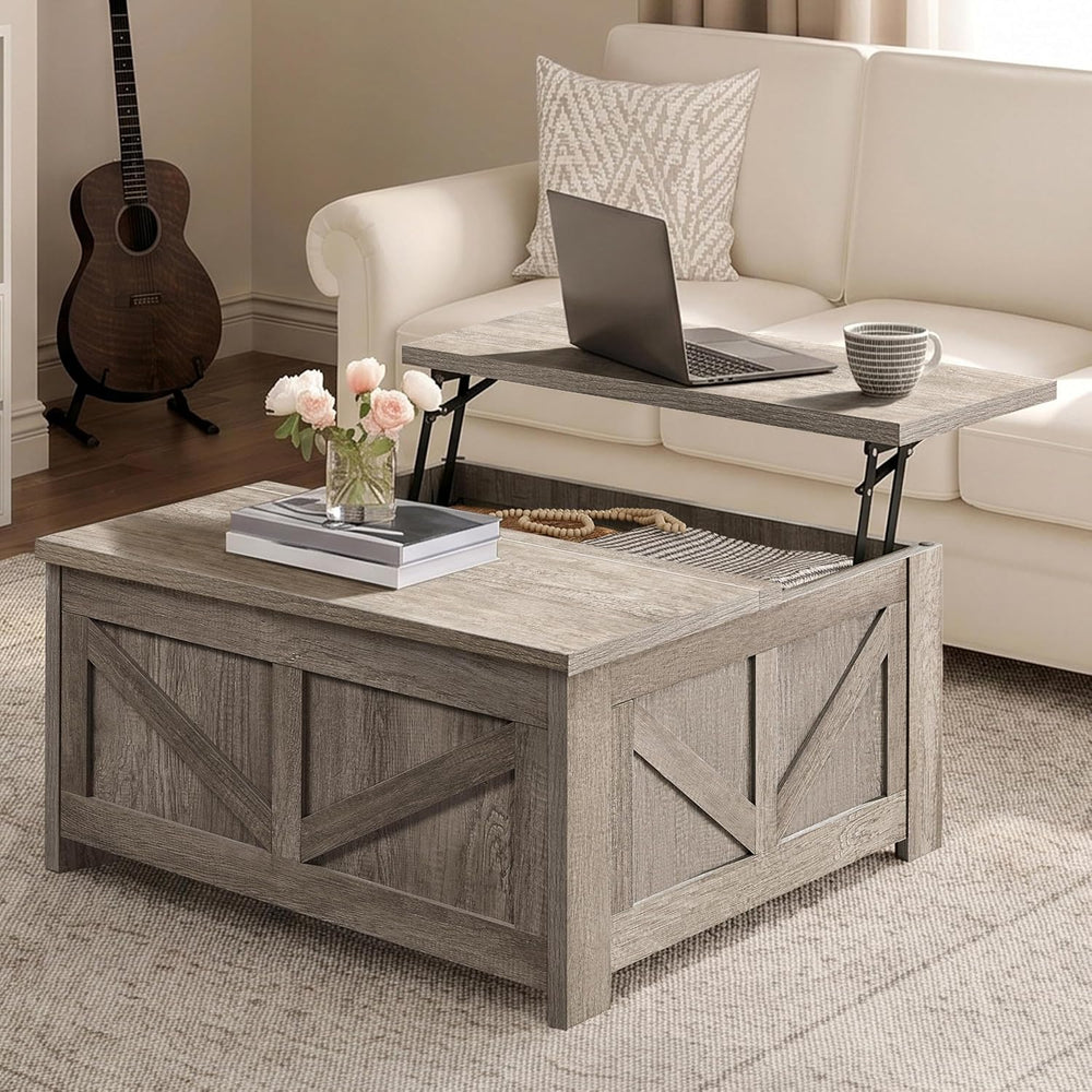 Yaheetech 31.5" Farmhouse Lift Top Coffee Table with Hidden Storage, Gray