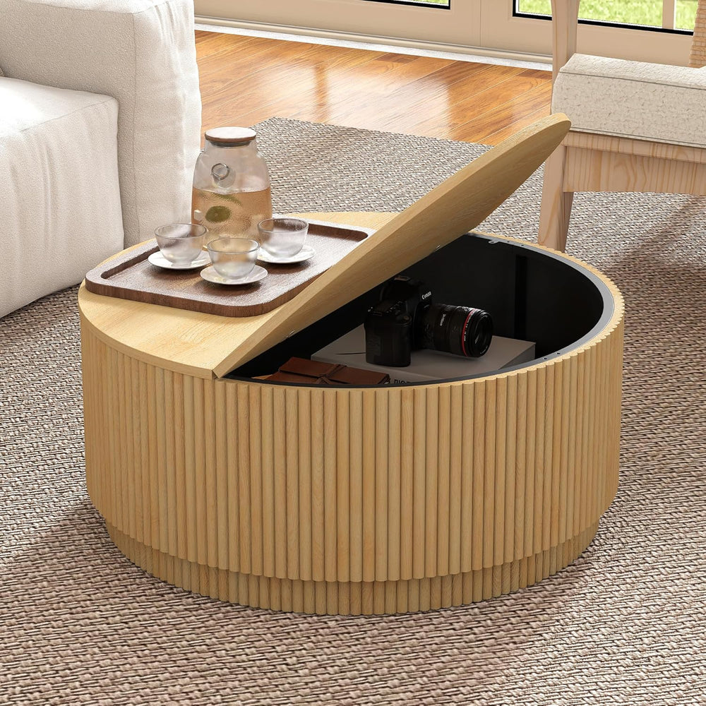 LEVNARY 31.5" Round Coffee Table with Storage, Boho Coffee Tables with F...