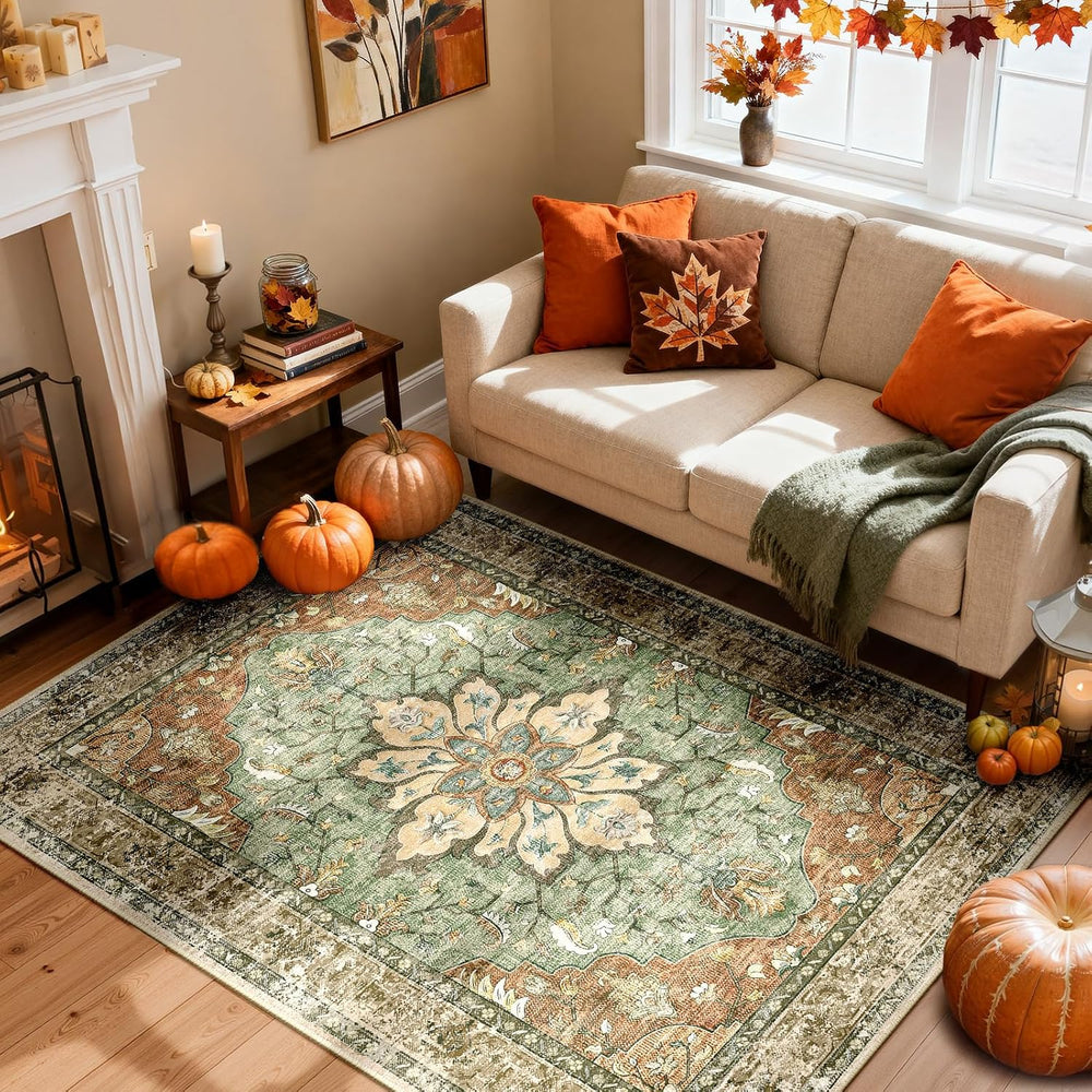 RELEANY Washable Area Rug, 4'x6', Brick/Brown/Green