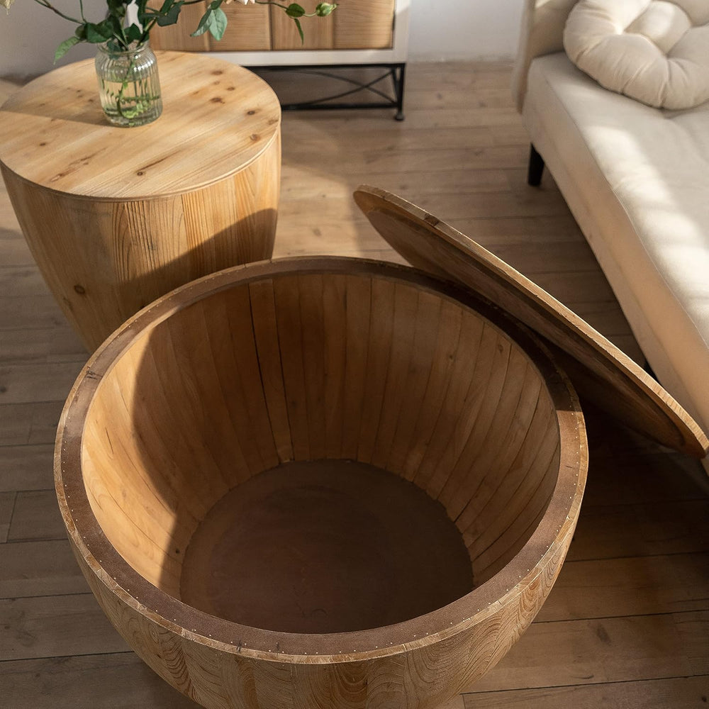 Round Wood Coffee Table End Table Side Table Set of 2 with Storage for Living...