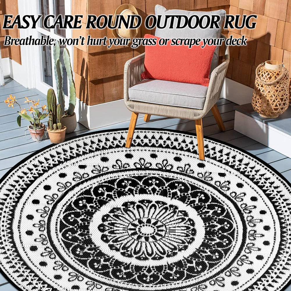 Cekene Round Outdoor Rugs for Patio 8Ft Waterproof Reversible Outdoor Patio R...