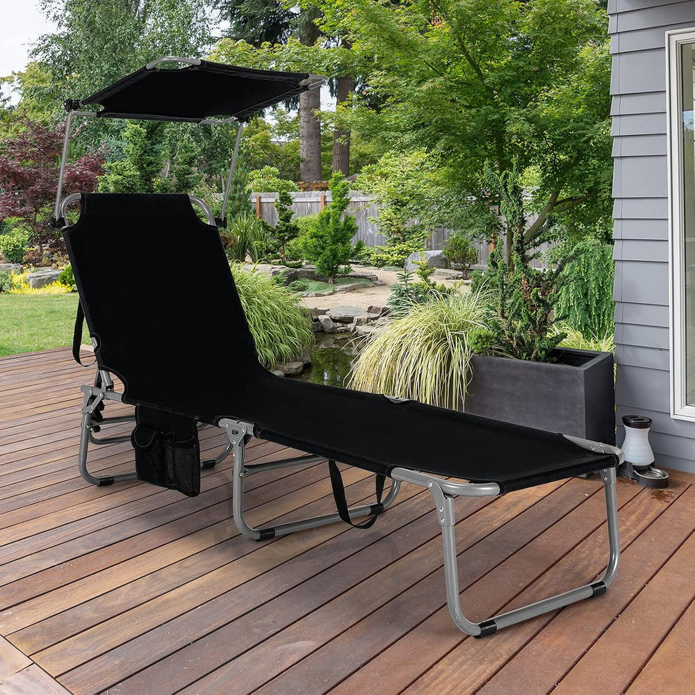 GYMAX Lounge Chair Outdoor with Canopy, 330LBS Portable Tanning Chair with Ad...