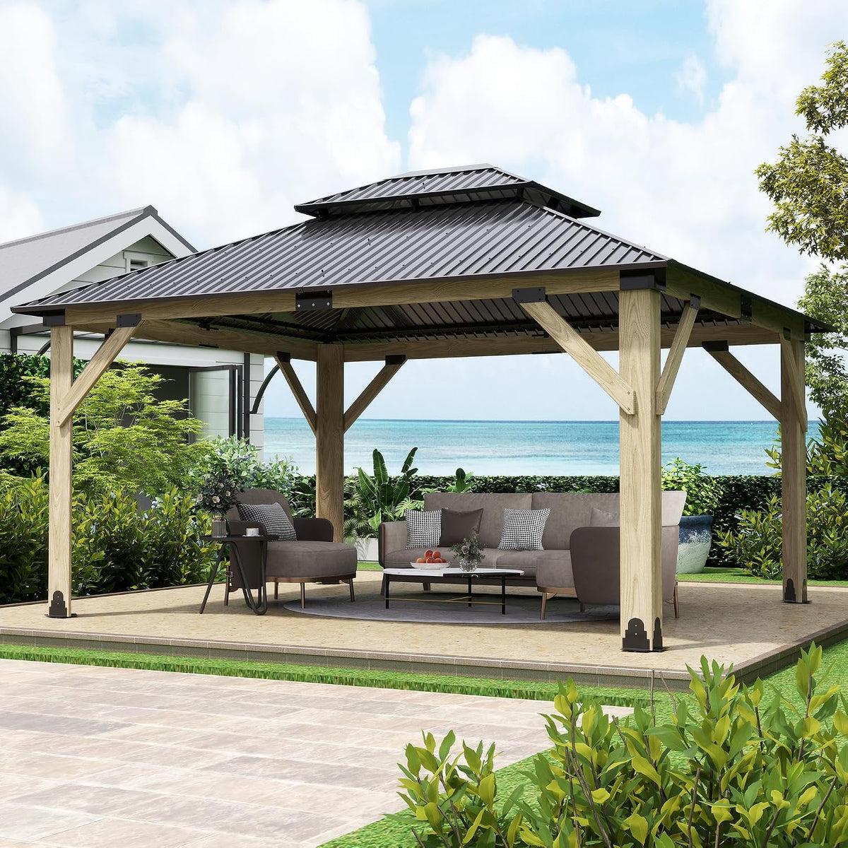13x15 ft wood gazebo,outdoor wooden hardtop gazebo with, main product view