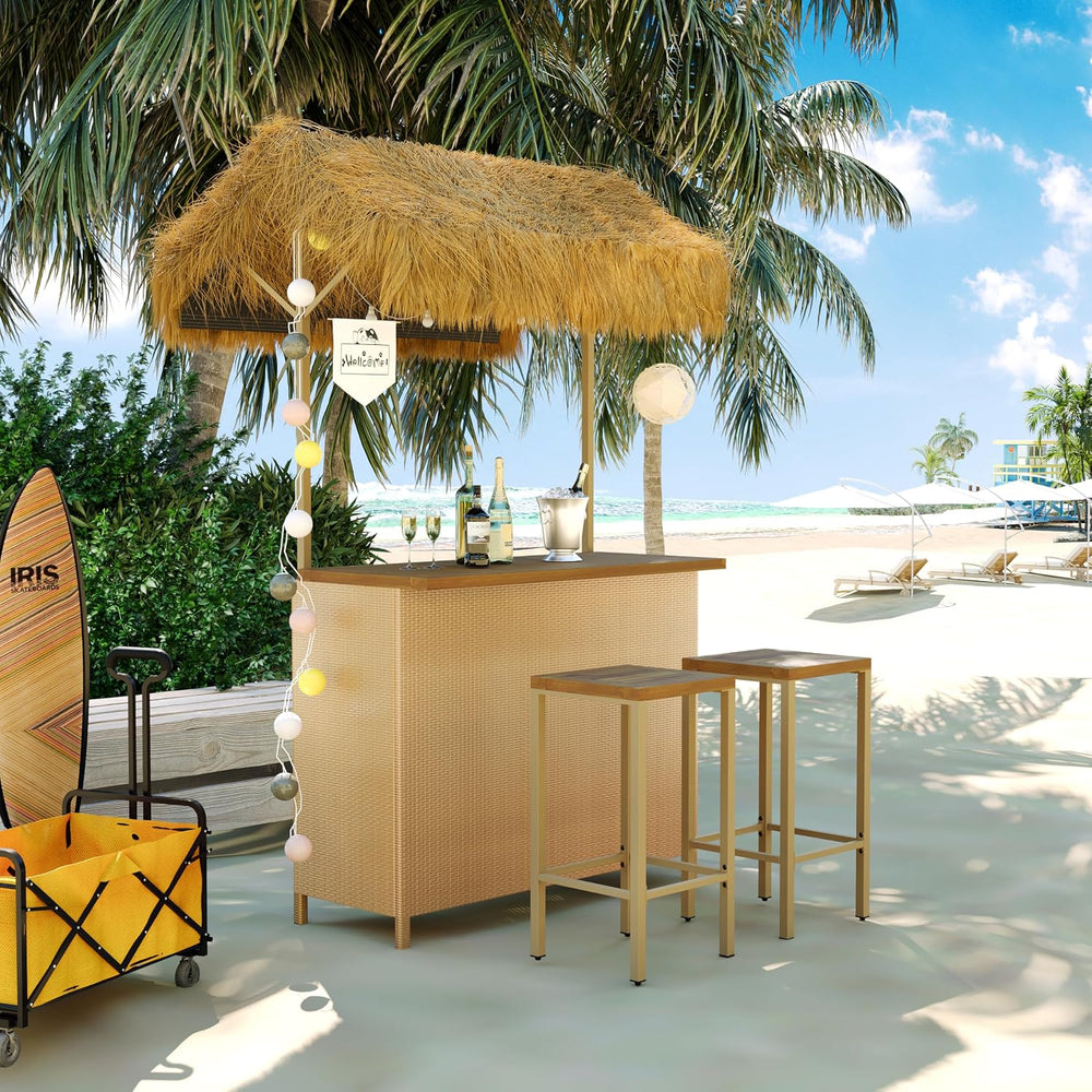 LUMISOL 3pcs Outdoor Bar Set, Hawaiian Style Bar Height Patio Set with PE Gra...