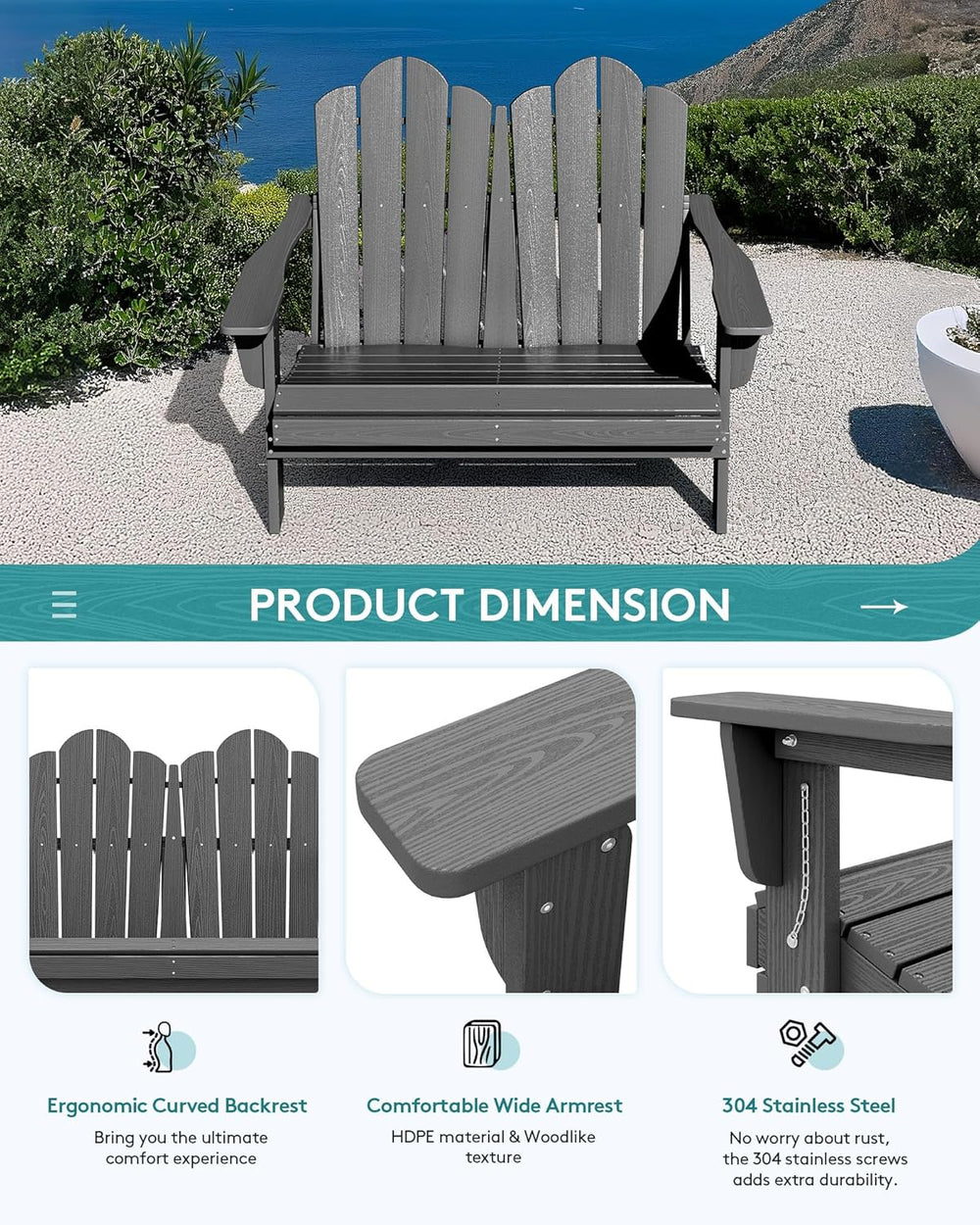 SERWALL Folding Adirondack Bench, HDPE All-Weather, 660lbs Cap, Grey