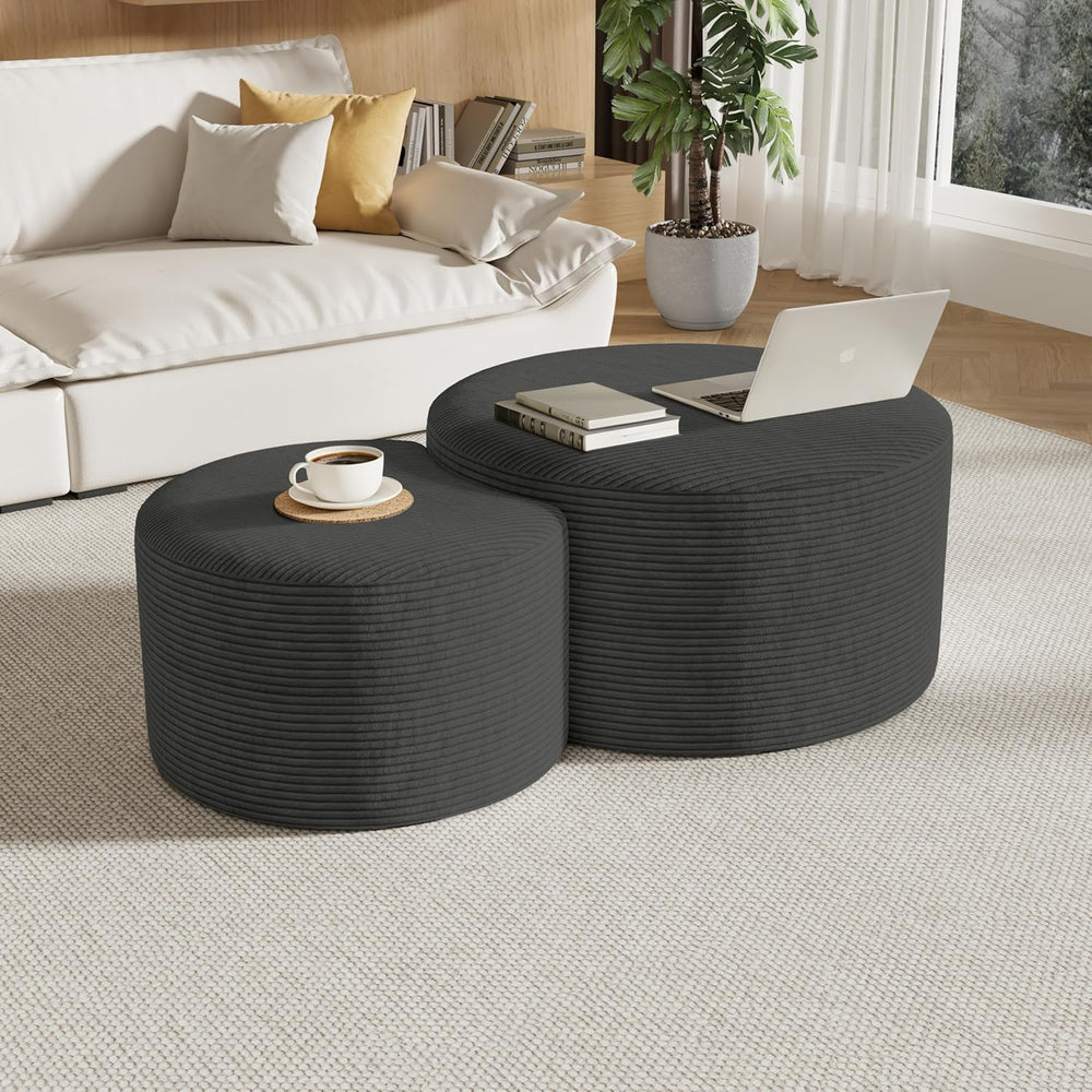 Round Nesting Coffee Table Set of 2,Upholstered Foam Ottoman Footrest Side Ta...