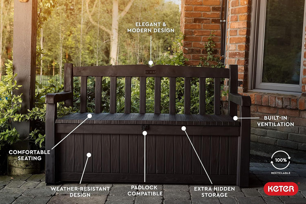 Keter Solana 70 Gal Outdoor Storage Bench for Patio and Pool Accessories