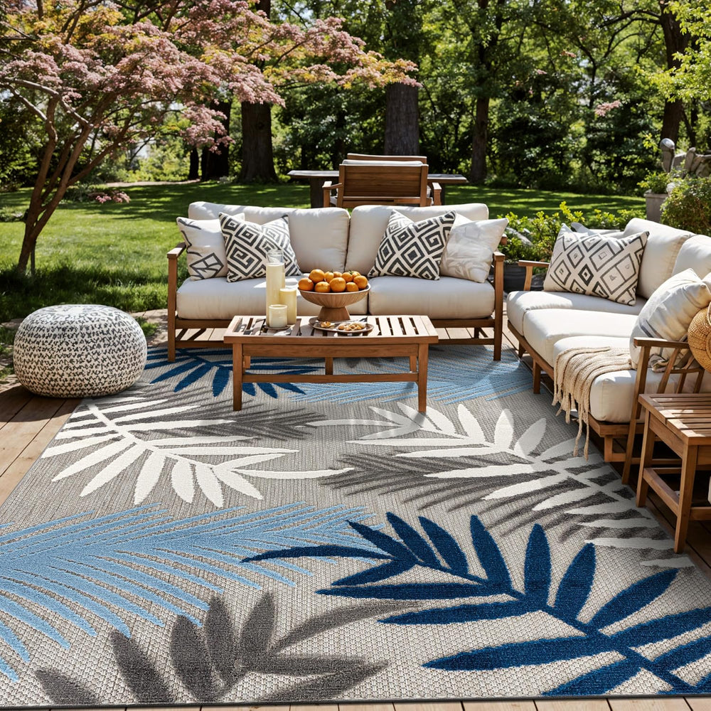 Rugshop Palm Indoor/Outdoor Non-Shedding Deck Patio Area Rug Blue 5' x 7&...